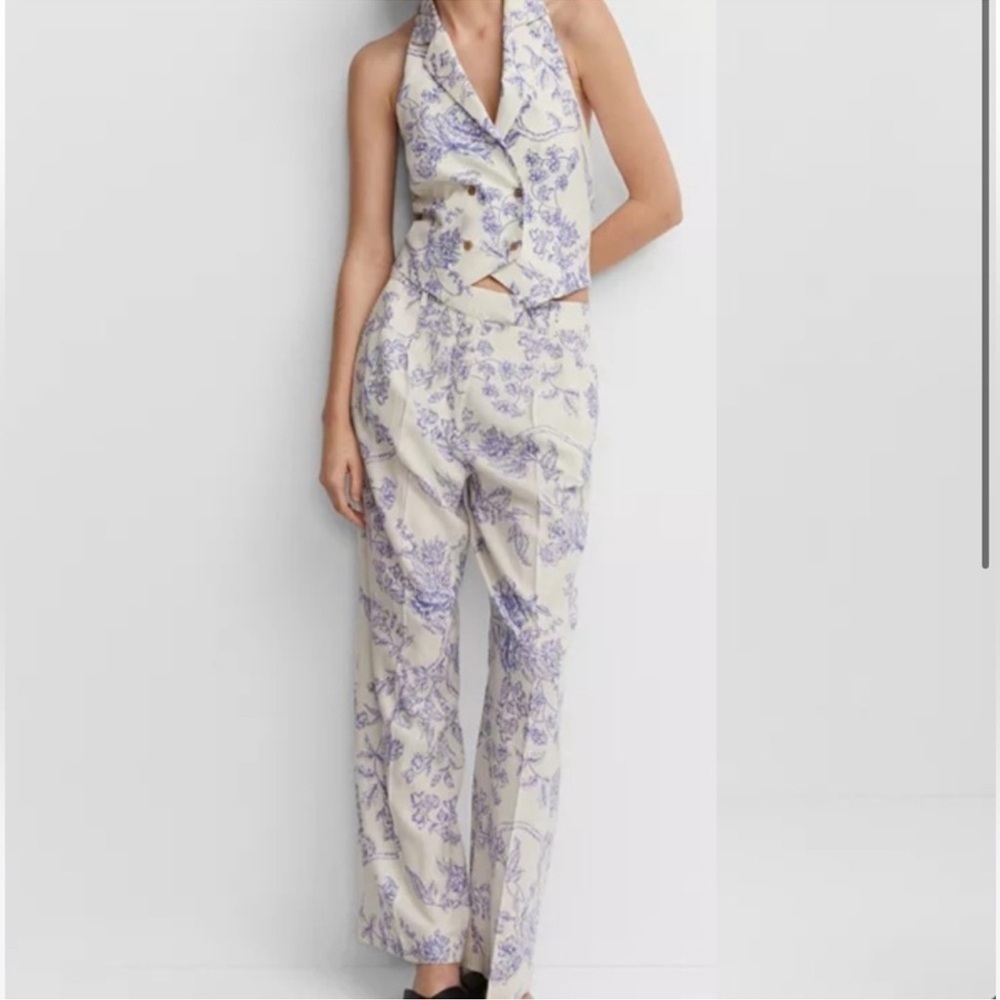 Jason Wu Wide Leg Pleated White Blue Floral Linen Pants & Halter Top Set Size 8